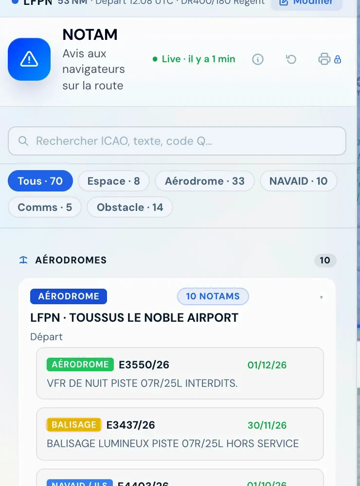 NOTAM de l'app pour LFPN, classés par type