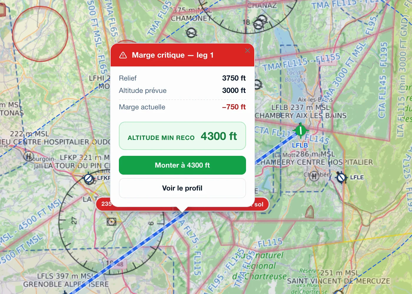 Alerte de l'app : marge critique, relief 3 750 ft, altitude prévue 3 000 ft, monter à 4 300 ft